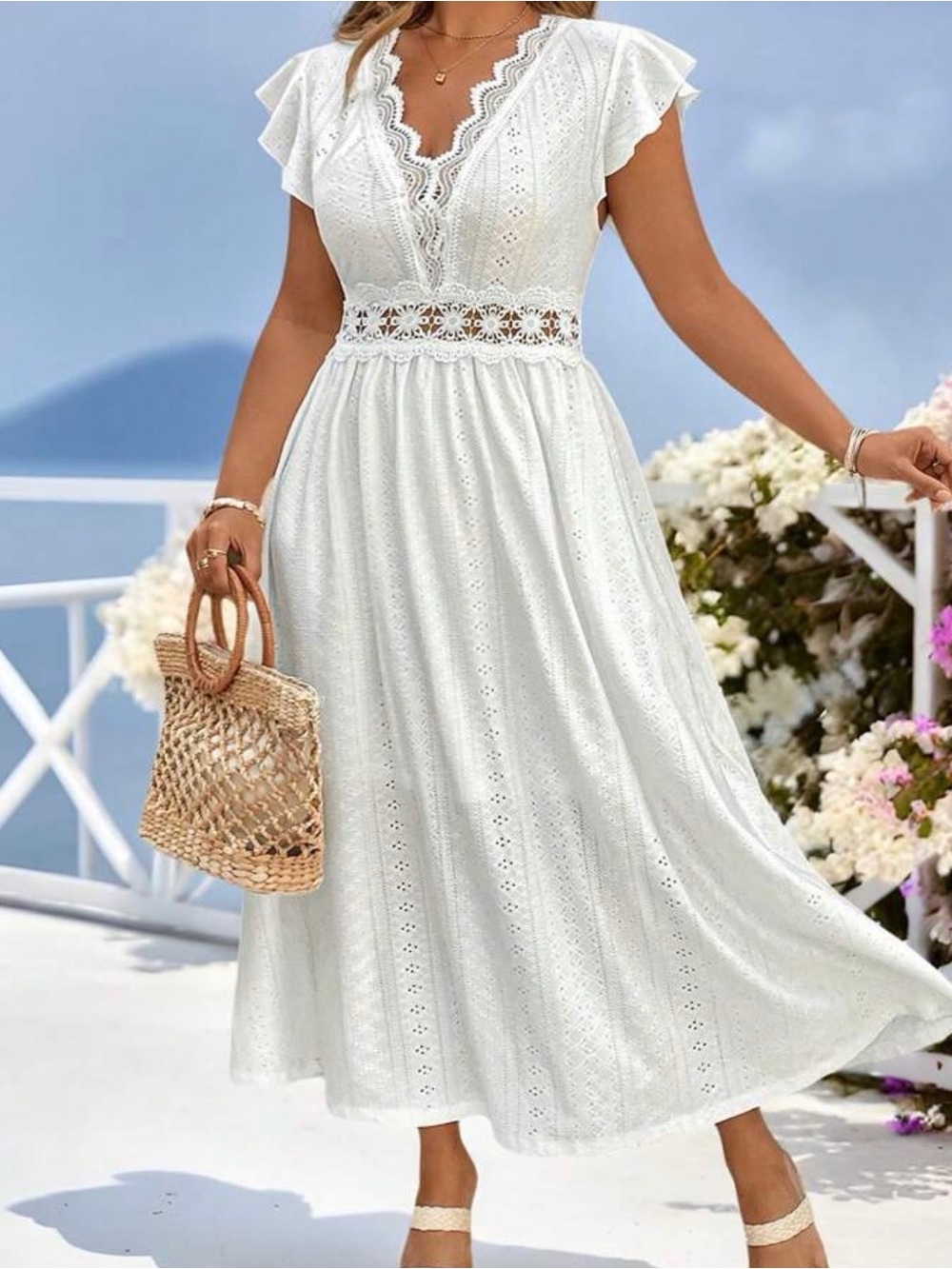 SHEIN Reflora White Eyelet Lace Midi Maxi Dress
